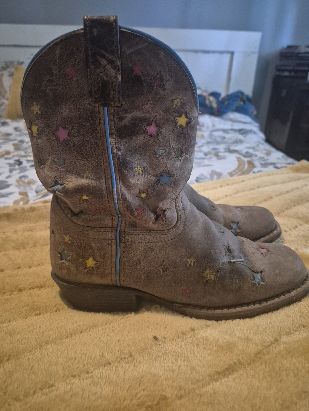 Dan Post Kids Brown Western Boots with Pink, Yellow & Blue Star Accents